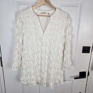 Soft Surroundings Priya‎ Knit Lace Tunic Womens Small White V-Neck Lined Peasant